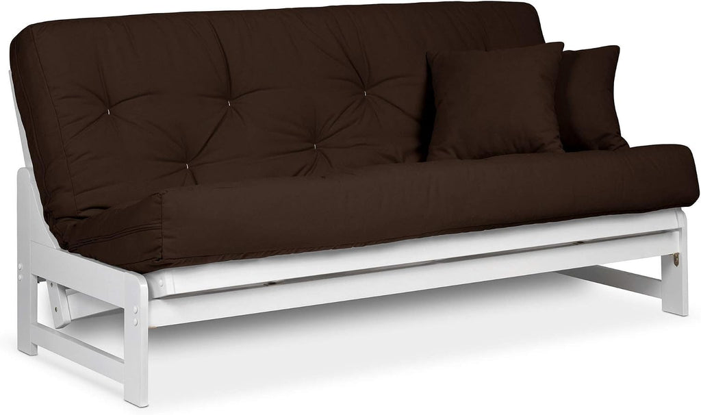 Nirvana Futons Arden White Futon Set Full or Queen Size - Armless Wood Futon Frame with Mattress (Microfiber Sussex Fudge), Space Saving Modern Sofa Bed Sleeper