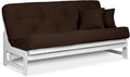 Nirvana Futons Arden White Futon Set Queen Size - Armless Futon Frame with Mattress (Microfiber Sussex Fudge), Space Saving Modern Sofa Bed Sleeper