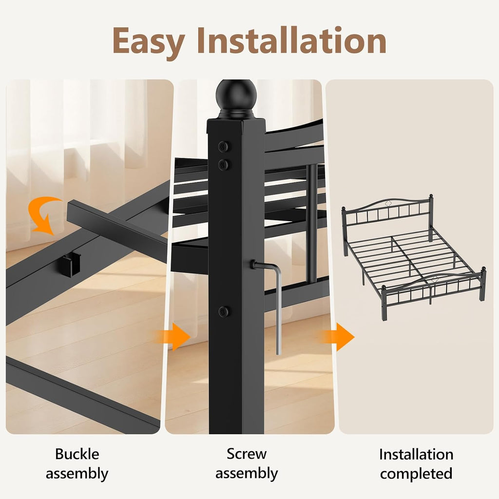 Metal Queen Bed Frame with Headboard, 1500lb No Squeak Platform, 12' Underbed Storage, Tool-Free 30-Min Assembly, No Box Spring Needed, Black