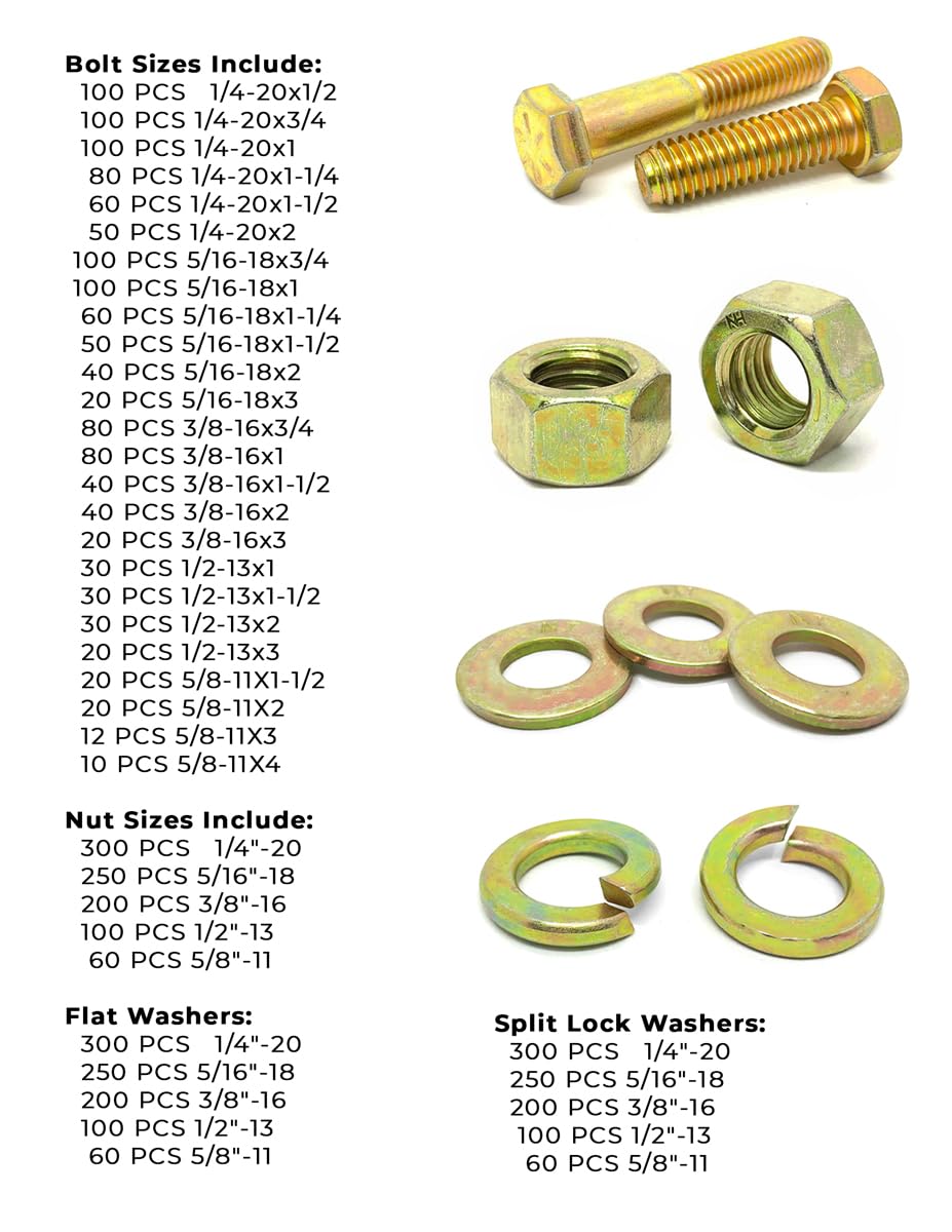 Grade 8 Hex Cap Bolts Screws, Nuts, Flat Washers, Lock Washers Assortment Kit - 4022 Pieces!