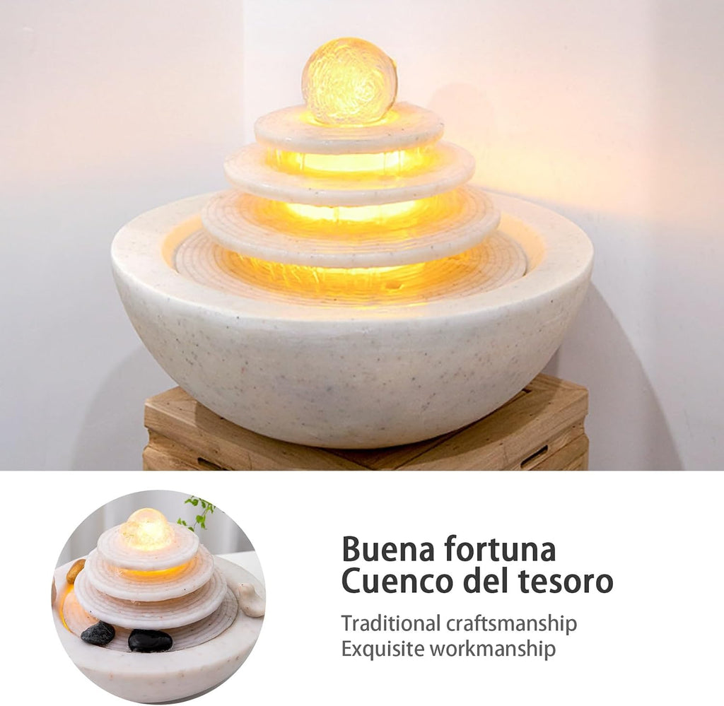 Tabletop Fountain, Indoor Waterfall with LED Lights, Relaxing Polyresin Desktop, Office Living Room Bedroom Decor(White)