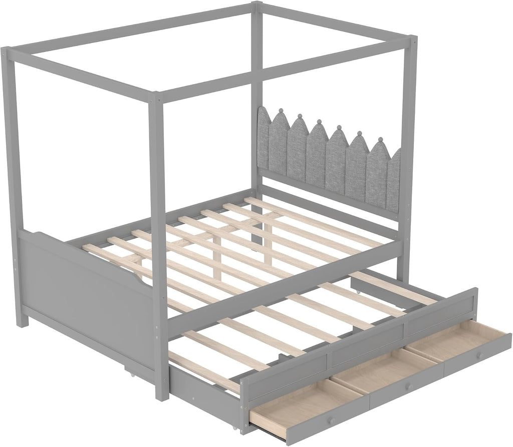 Full Size Wood Canopy Bed with Upholstered Headboard, Twin Size Trundle and 3 Drawers, No Box Spring Needed (Gray, Full)