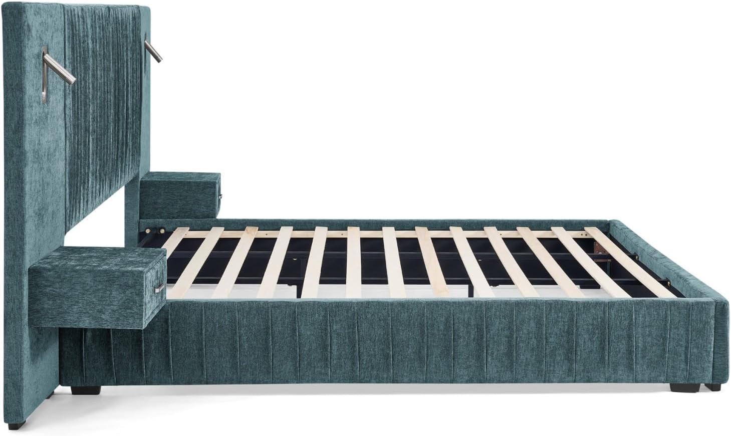 KEIKI Queen Size Chenille Bed Frame with 2 Nightstands, Lamps & Oversize Headboard, Solid Wood Frame Platform Night Stand Bedroom Set, Upholstered Floor Grounded Bed, No Box Spring Needed, Blue Green