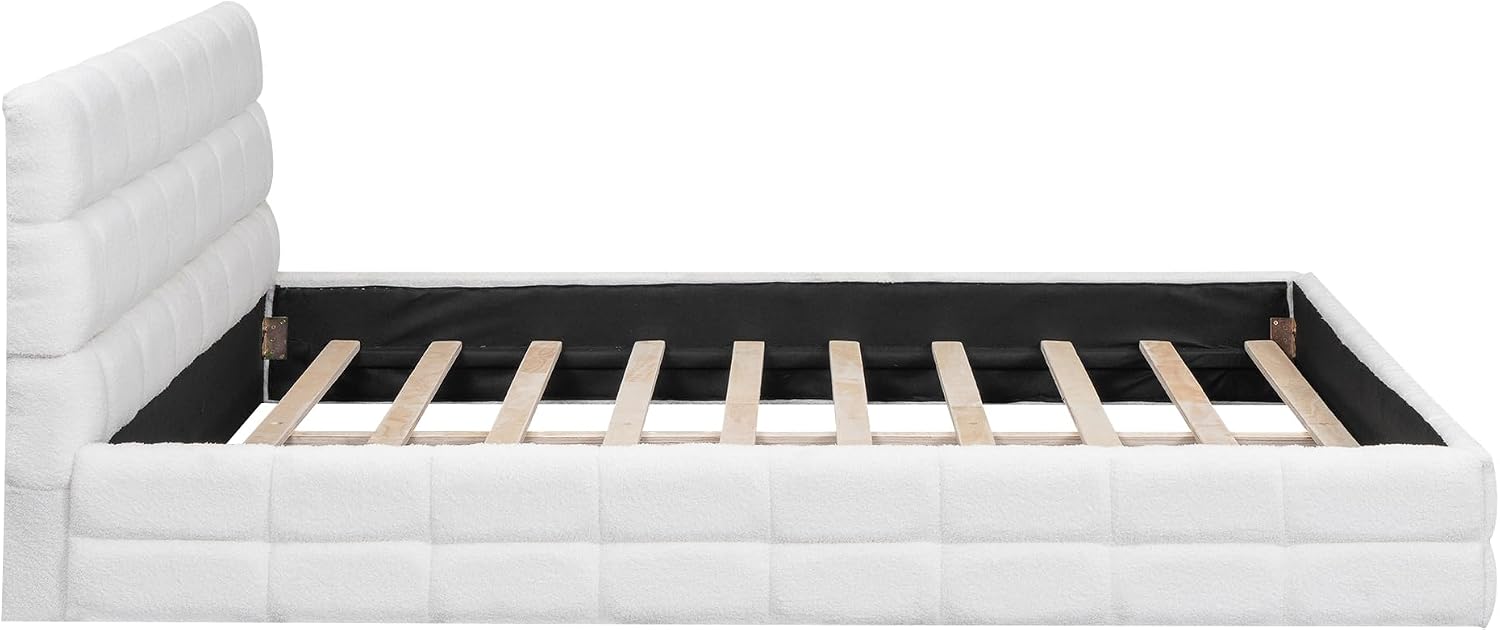 JIVOIT Queen Size Upholstered Platform Bed, Berber Fleece Upholstered Bed with Upholstered Headboard, Wood Low Platform Bed Frame with Wood Slats Support, No Box Spring Required (White & 12)