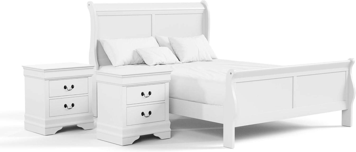Furniture of America Arabella Traditional Solid Wood 3 Piece Bedroom Set, Queen Bed Frame and Nightstands Set of 2, Chic Sleigh Design Bedframe with Headboard and Footboard, Box Spring Needed, White