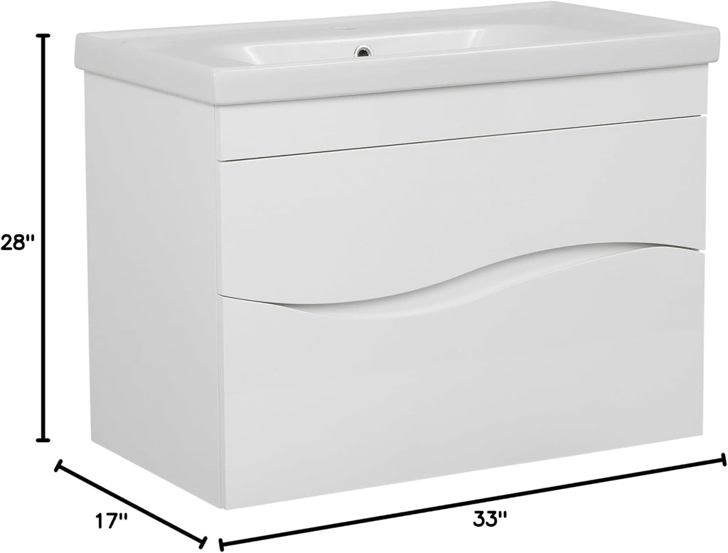 Modern Wall-Mounted Bathroom Vanity with Washbasin | Wave White High Gloss Mirror | Non-Toxic Fire-Resistant MDF-28-Omega Mirror R-line 24'