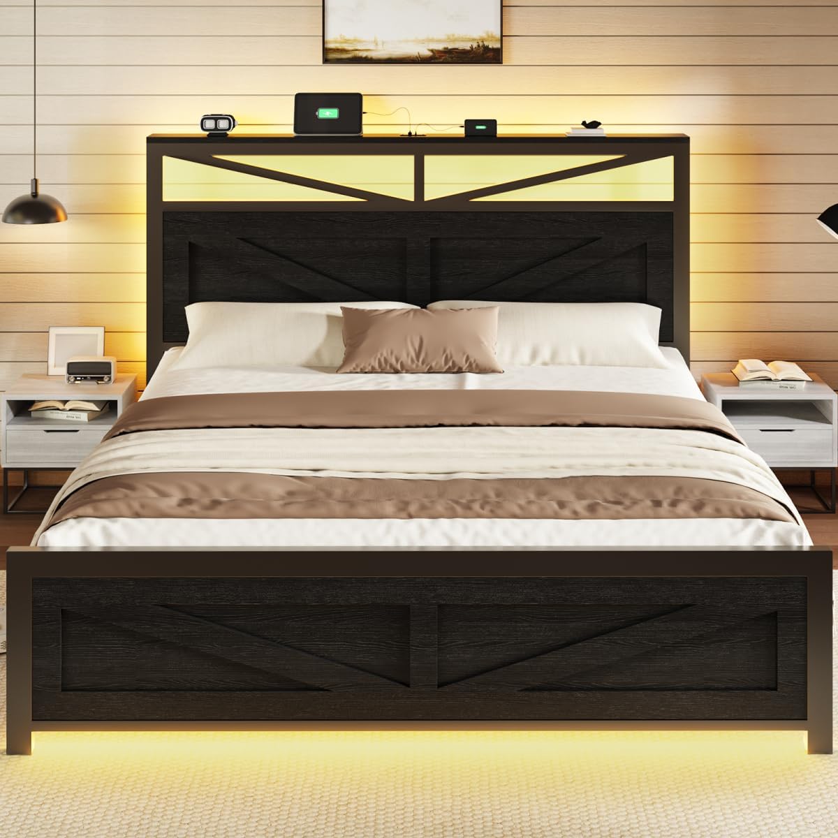 Rustic Full Size Bed Frame with Barn Door Headboard and Storage, Farmhouse LED Bed Frame Full with Charging Station, Industrial Bed Frames Metal Slats Support, No Box Spring Needed, Black
