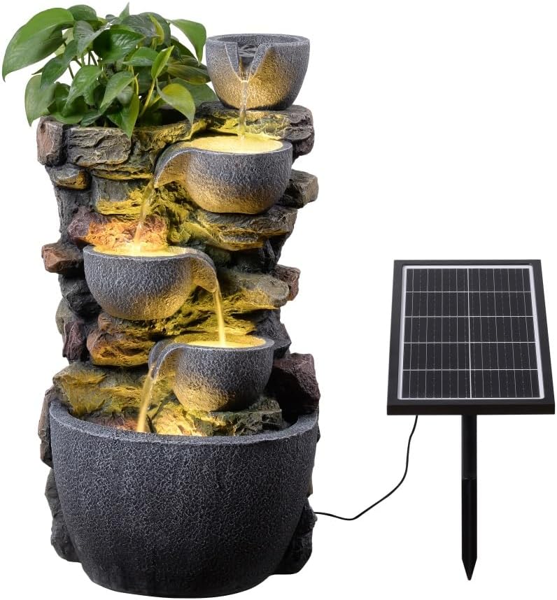 Solar Powered Water Fountain Outdoor, DIY Planter Pot Waterfall Fountain with LED Lights, Relaxing Water Feature Landscape Decor for Garden, Patio, Backyard, Home Decoration