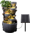 Solar Powered Water Fountain Outdoor, DIY Planter Pot Waterfall Fountain with LED Lights, Relaxing Water Feature Landscape Decor for Garden, Patio, Backyard, Home Decoration