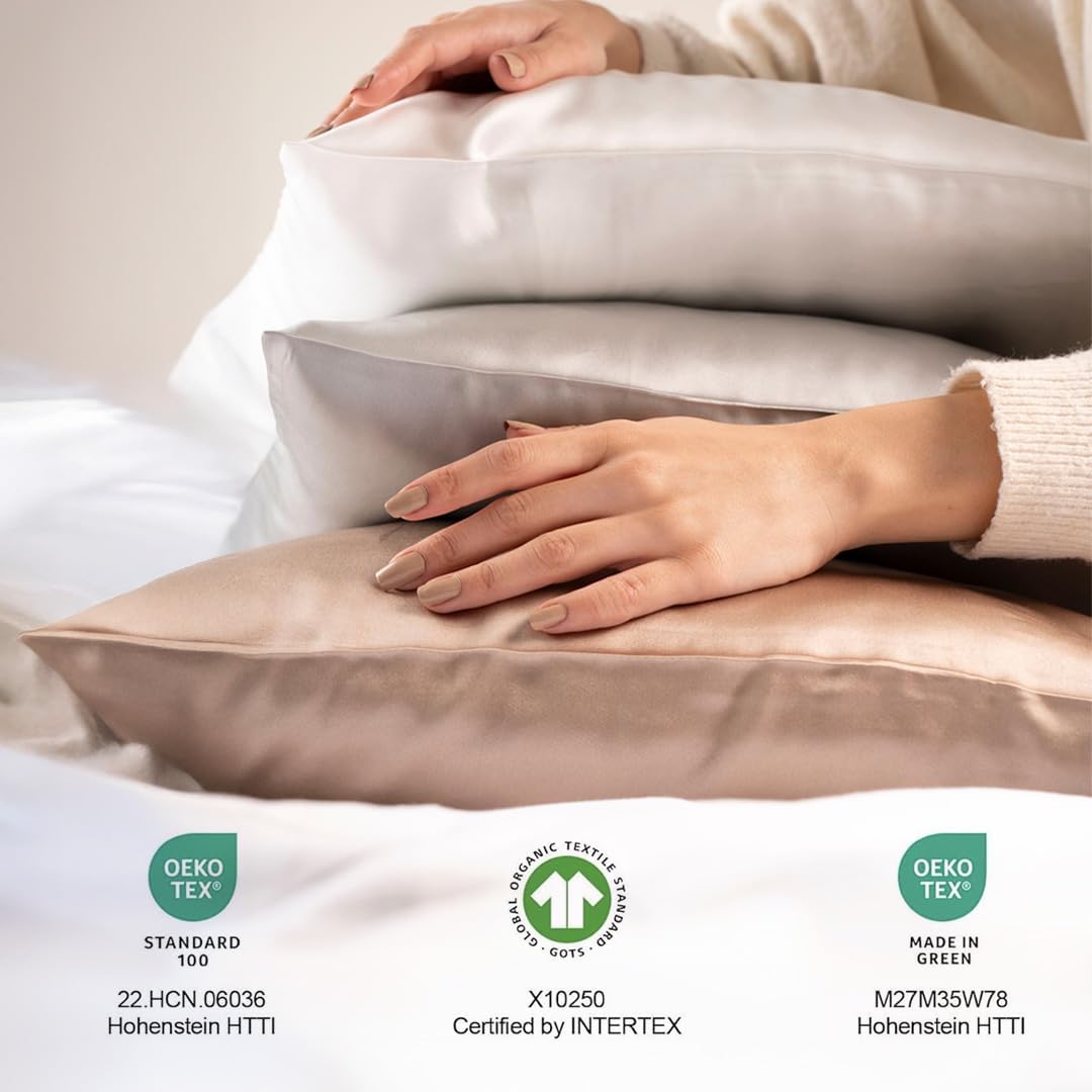 Pure Organic Silk Pillowcase Certified Organic 100% Pure Mulberry Silk Pillowcase 25 Momme Pillowcase (Ivory, Standard, Pack of 2)