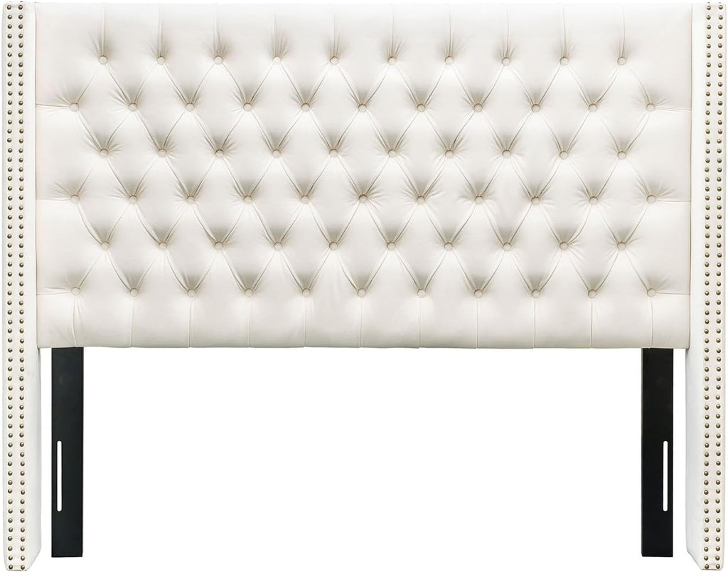 Madison Park Amelia Headboard Queen Wingback Upholstered - Hand-Tufted Button Detail, Double Nailhead Trim, Foam-Padded Durable Fabric, Adjustable Fit for Classic Bedrooms-Beige Velvet