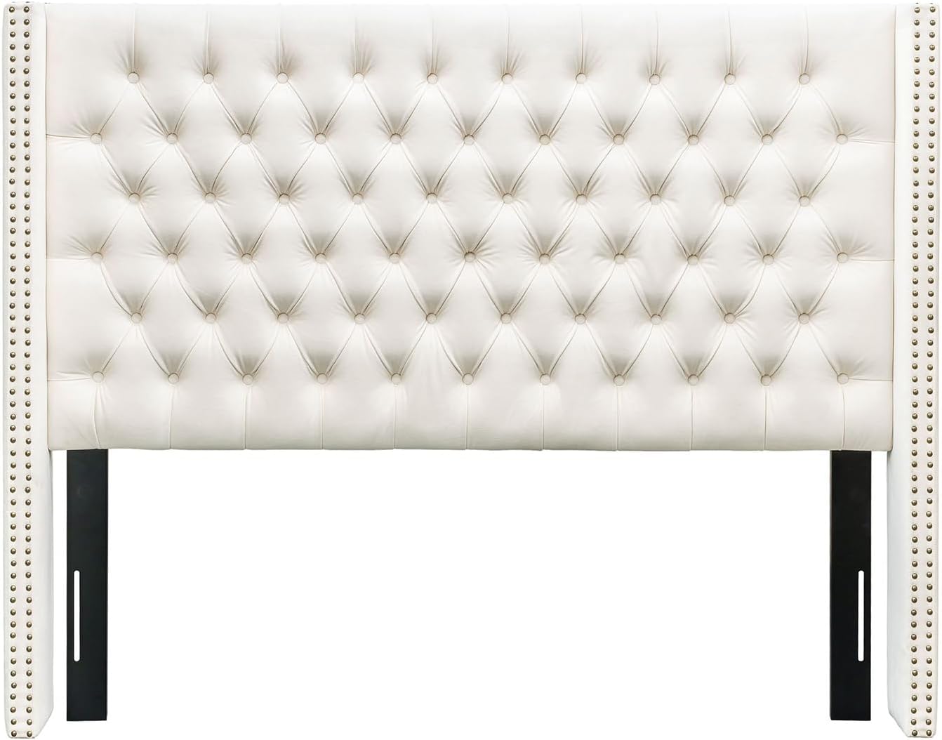 Madison Park Amelia Headboard Queen Wingback Upholstered - Hand-Tufted Button Detail, Double Nailhead Trim, Foam-Padded Durable Fabric, Adjustable Fit for Classic Bedrooms-Beige Velvet