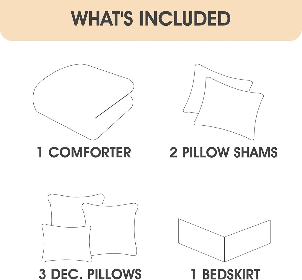 LANCO MODERN LIFESTYLE 7 Piece Comforter Set, Coffee White, Queen Size, Boho Style Geometric Microfiber Embroidery, Bed in a Bag with Bedskirt, Pillow Shams and Decor Pillows