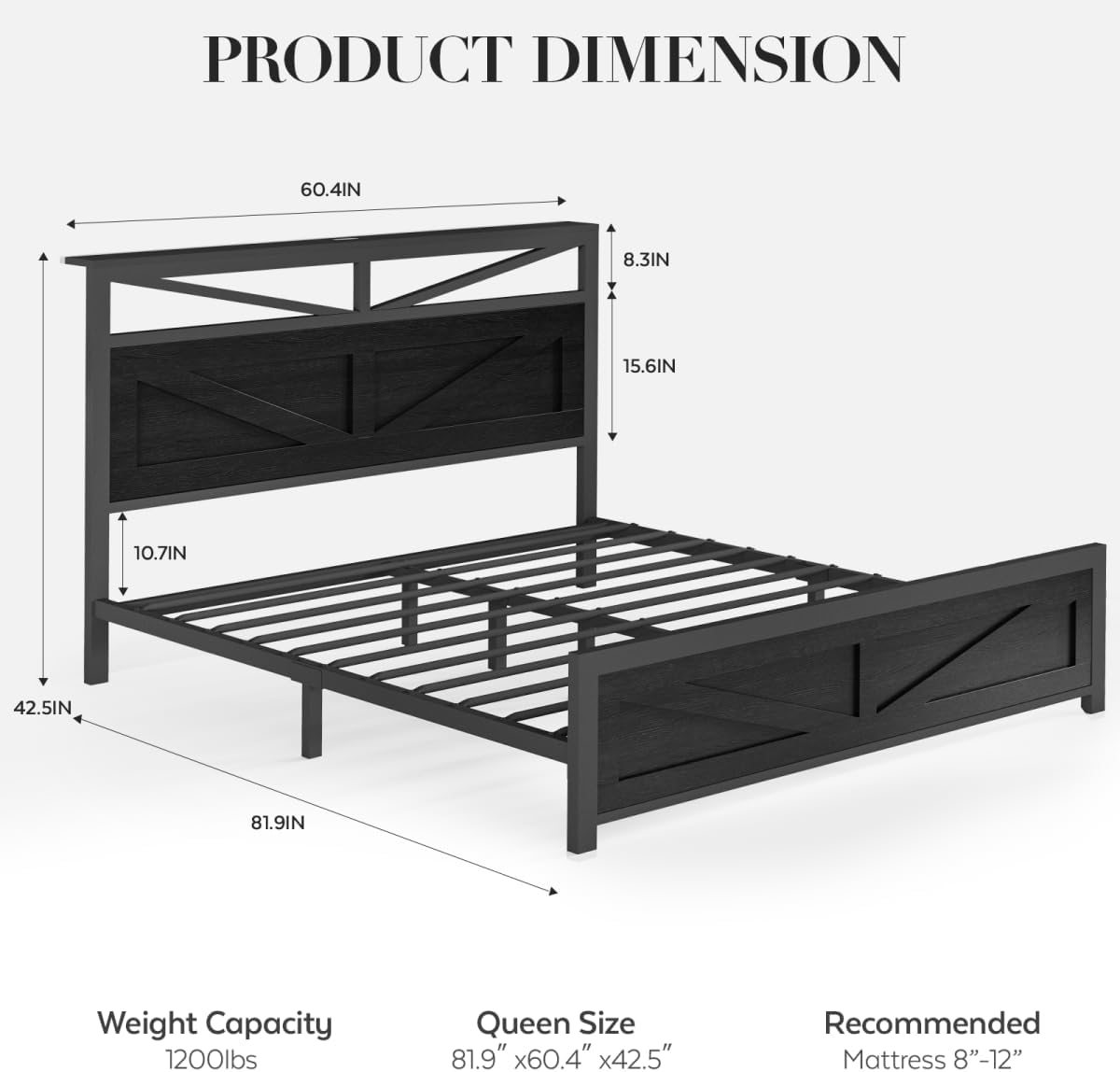 Rustic Queen Bed Frame with Barn Door Headboard and Storage, Farmhouse LED Bed Frame Queen Size with Charging Station, Industrial Bed Frames Metal Slats Support, No Box Spring Needed, Black