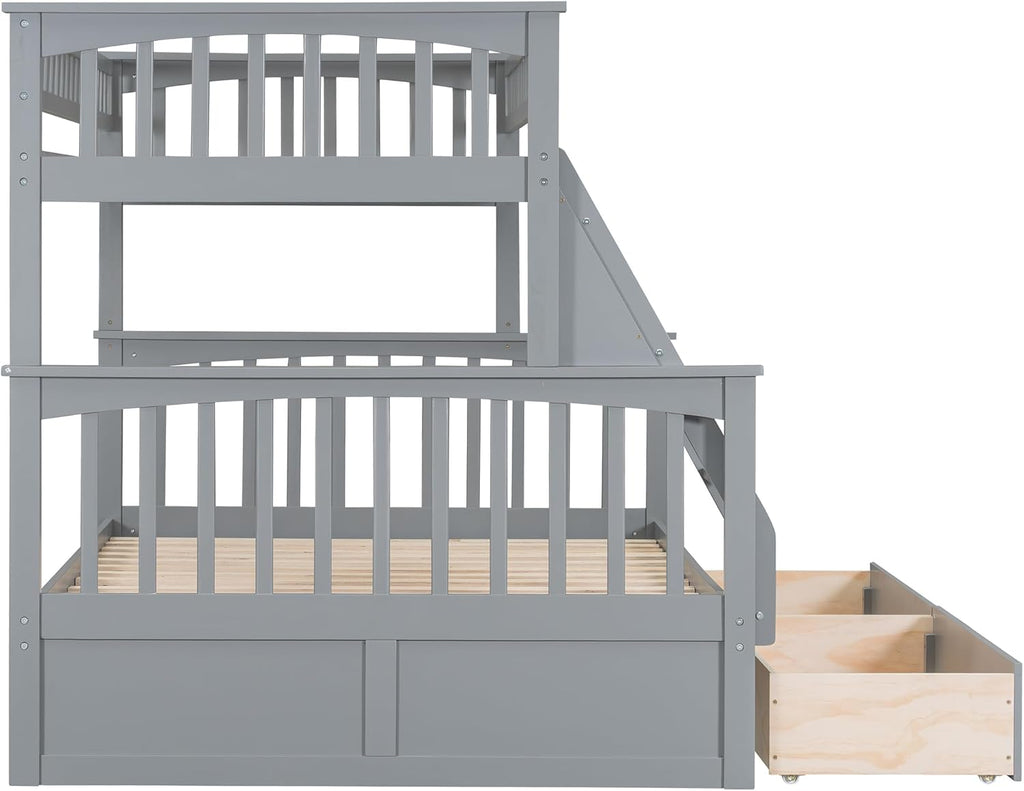 Harper & Bright Designs Convertible Wood Twin Over Full Bunk Bed with 2 Storage Drawers and Ladder - Can Be Divided Into Two Daybeds, Grey