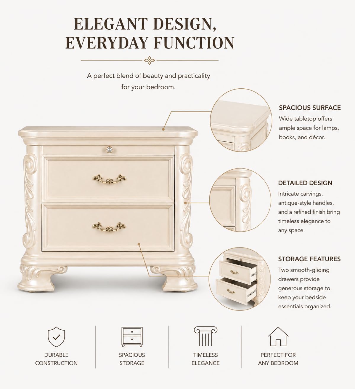 First of a Kind Nightstand Bedroom Furniture Victoria Off White Traditional Wood Bedside Table Ornate European Inspired Design Classic Bedroom Nightstand Coordinated Furniture Style