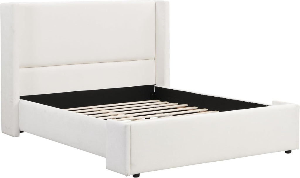 Merax Queen Size Bed Frame, Elegant White Upholstered Platform Bed with 41.1' Tall Wingback Headboard for Bedroom, Solid Wood Slats Support, No Box Spring Needed, Easy Assembly