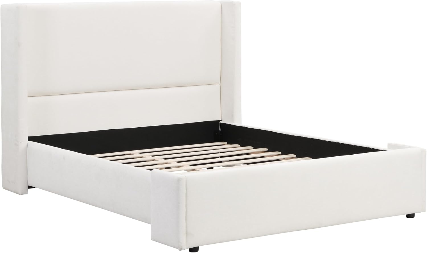 Merax Queen Size Bed Frame, Elegant White Upholstered Platform Bed with 41.1' Tall Wingback Headboard for Bedroom, Solid Wood Slats Support, No Box Spring Needed, Easy Assembly