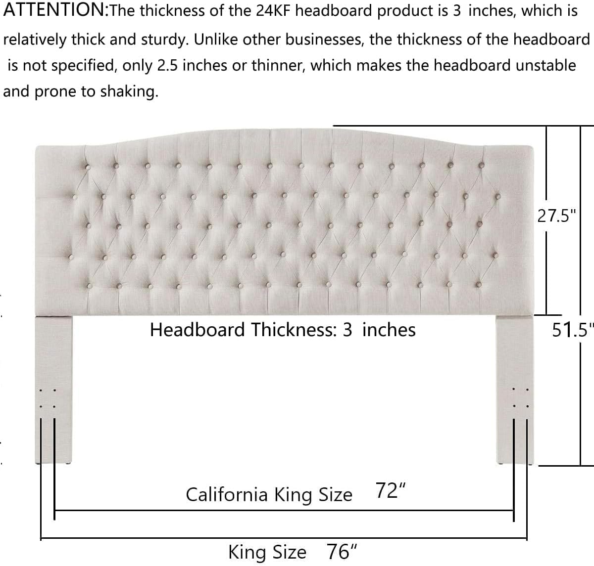 24KF Upholstered Tufted Button Linen Fabric Headboard,Comfortable Fashional Headboard King/CA King Size,Ivory