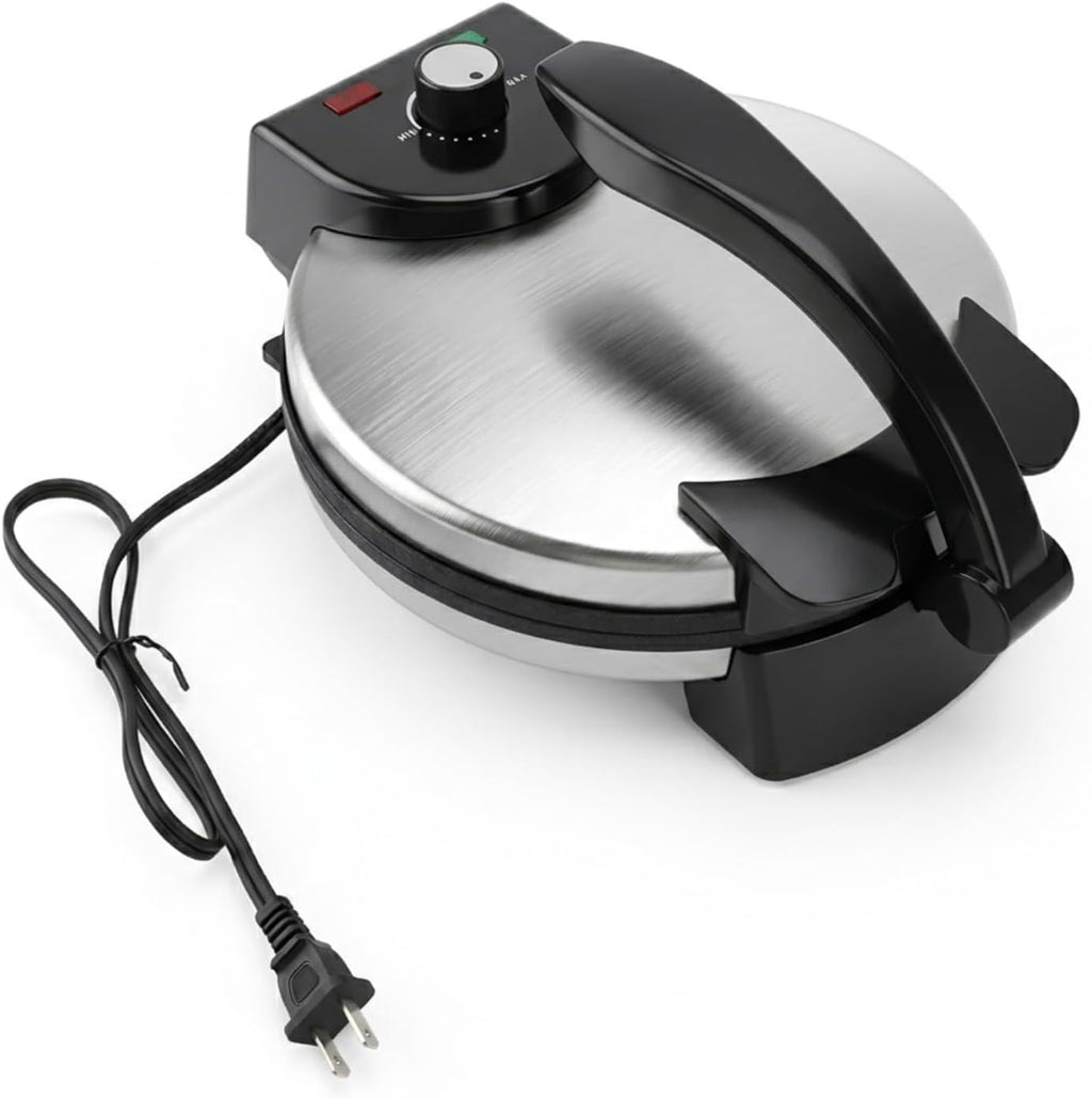 Mumusuki 10in Electric Tortilla Maker, Knob Temperature Control Non Stick Roti Maker with Stainless Steel Cover for Home Shop Restaurant 110V US Plug
