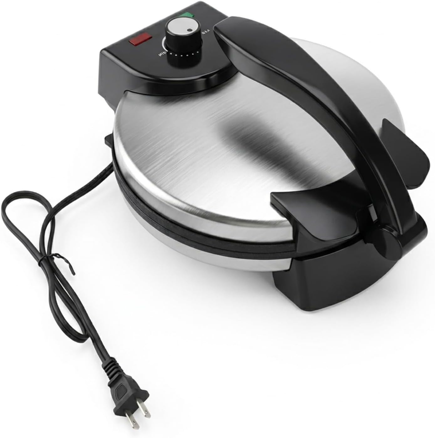 Mumusuki 10in Electric Tortilla Maker, Knob Temperature Control Non Stick Roti Maker with Stainless Steel Cover for Home Shop Restaurant 110V US Plug