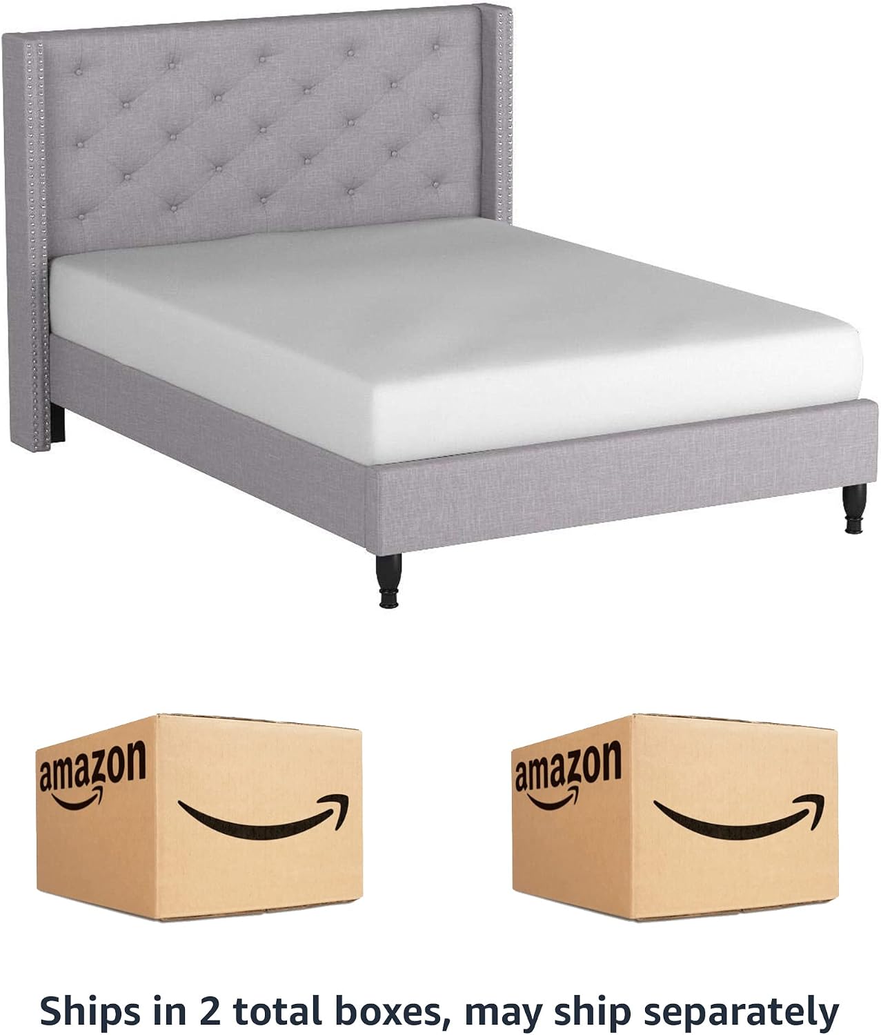 HomeLife Premiere Classics Cloth Light Grey Silver Linen 51' Tall Headboard Platform Bed with Slats Queen- Complete Bed 5 Year Warranty Included-007