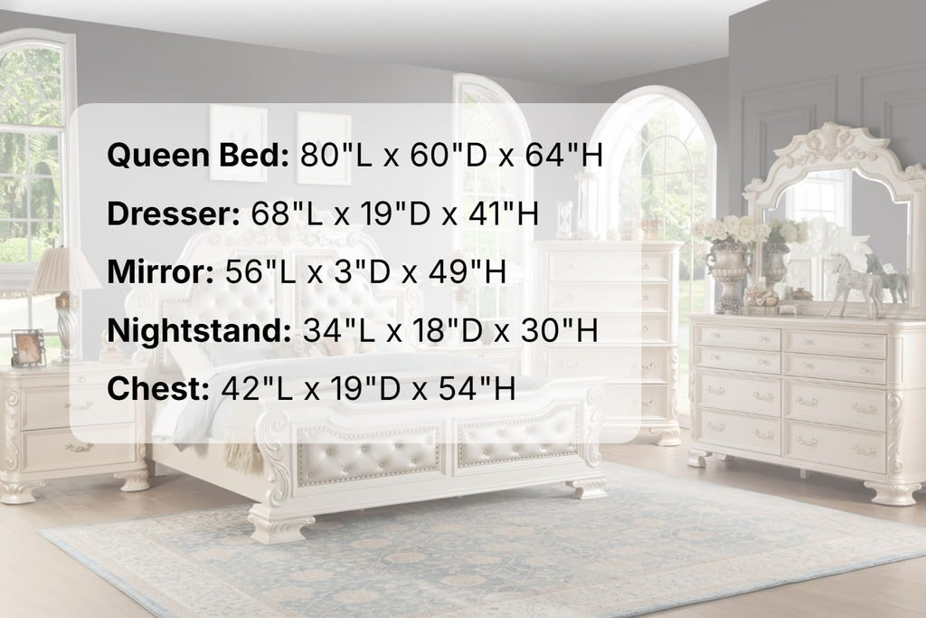 First of a Kind Victoria Off White Traditional 5 Piece Queen Bedroom Set with Upholstered Tufted Headboard Elegant European Inspired Design Coordinated Furniture Collection