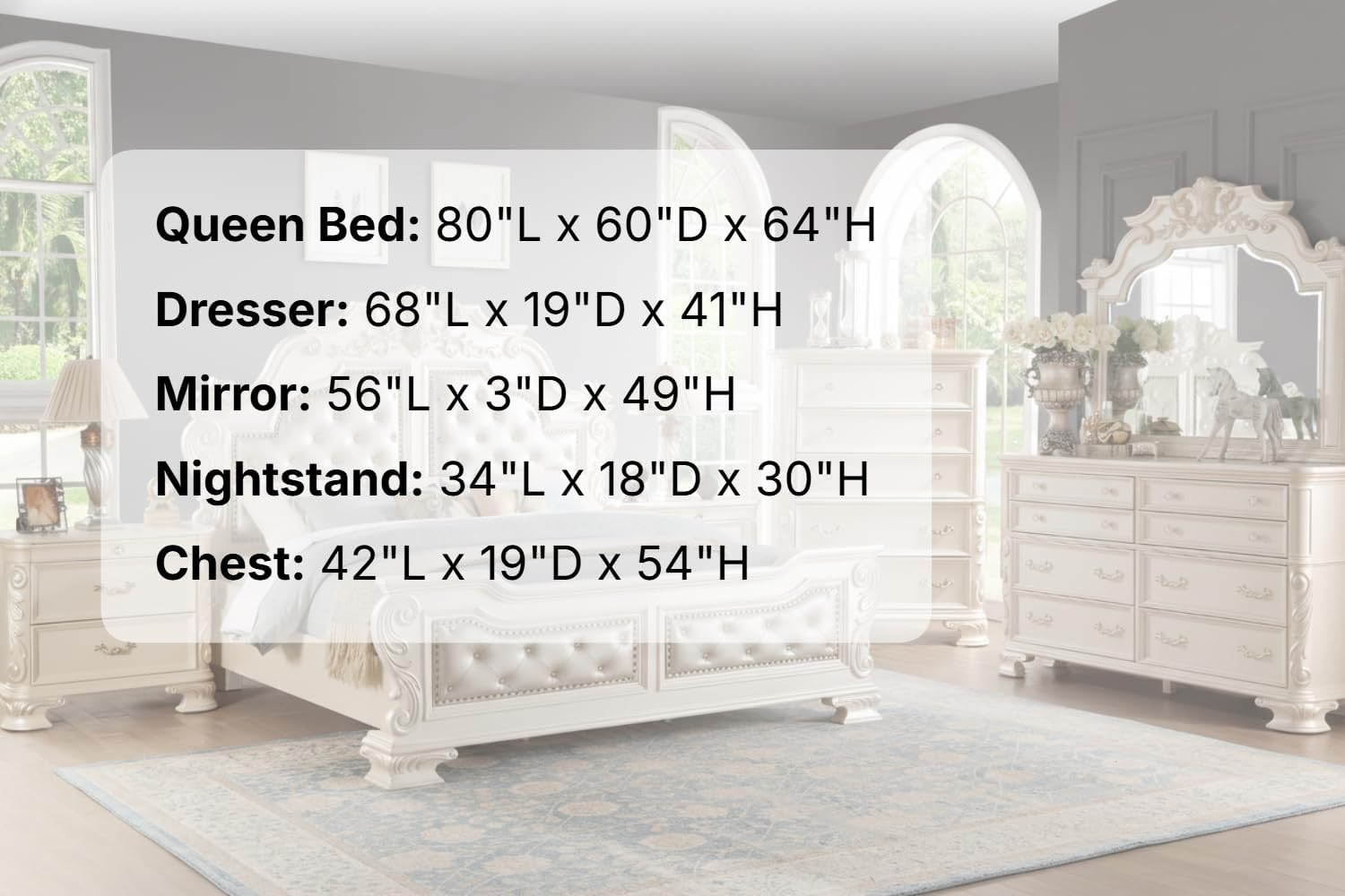 First of a Kind Victoria Off White Traditional 5 Piece Queen Bedroom Set with Upholstered Tufted Headboard Elegant European Inspired Design Coordinated Furniture Collection