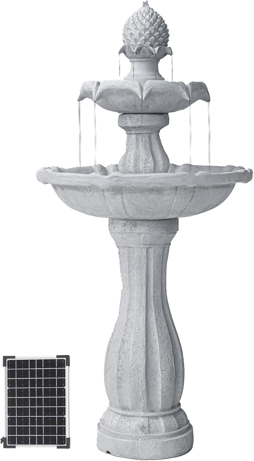 XBrand 44' Tall White Fiberglass/Resin 2-Tiered Solar Water Fountain w/Solar Panel and Auto-Shut Off Pump for Home Garden Yard Decor