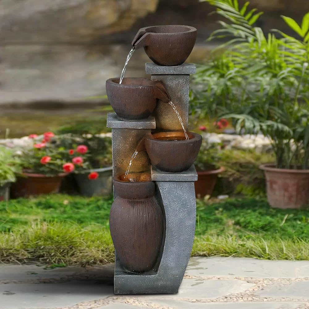 32.8' H 4-Tier Modern Outdoor Water Fountain - LED Lighted Indoor Outdoor Garden Fountains and Waterfalls for Garden, Patio, Backyard, Deck, Porch and Home Art Decor