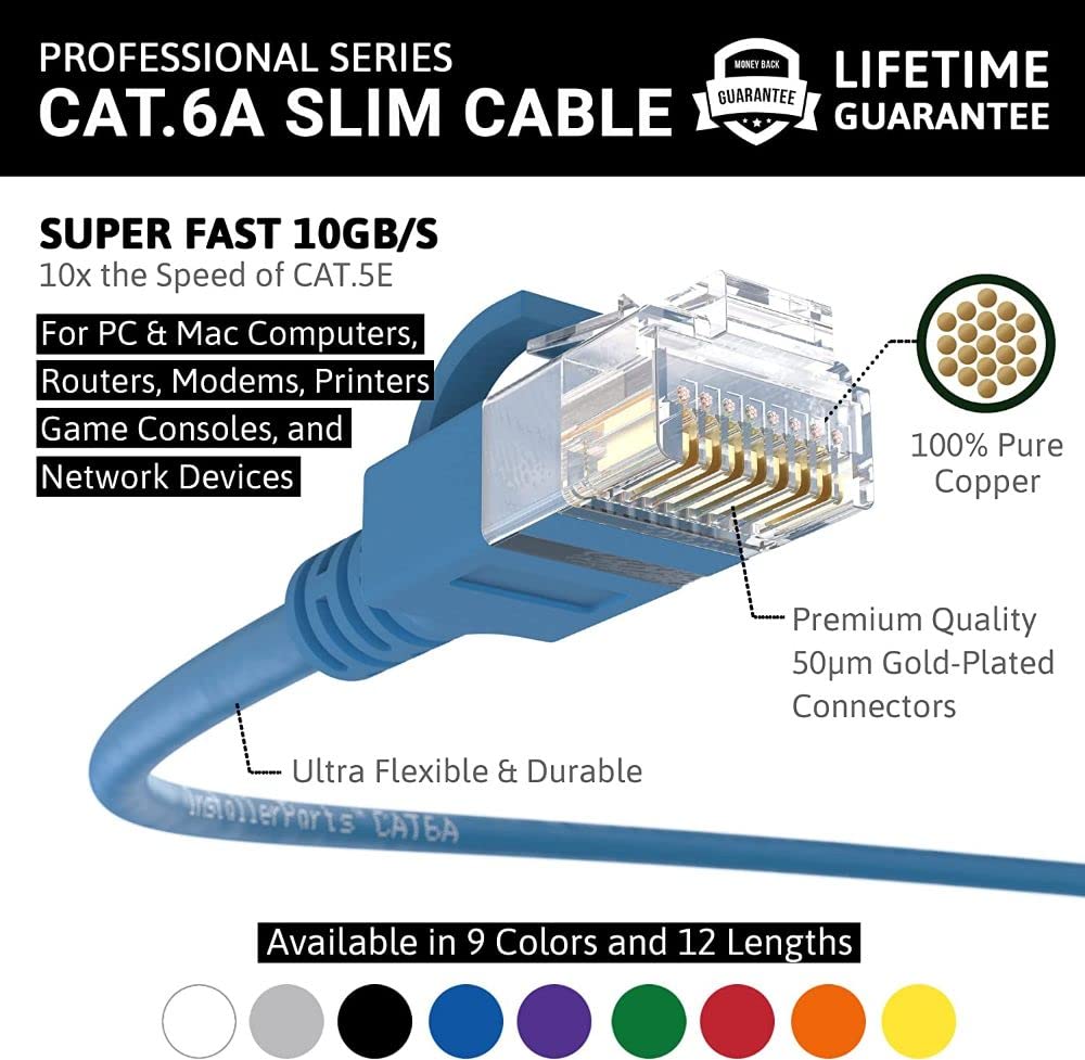 InstallerParts Ethernet Cable CAT6A Slim Cable UTP Booted 0.5 FT (200 Pack) - Blue - Professional Series - 10Gigabit/Sec Network/High Speed Internet Cable, 550MHZ, 28AWG