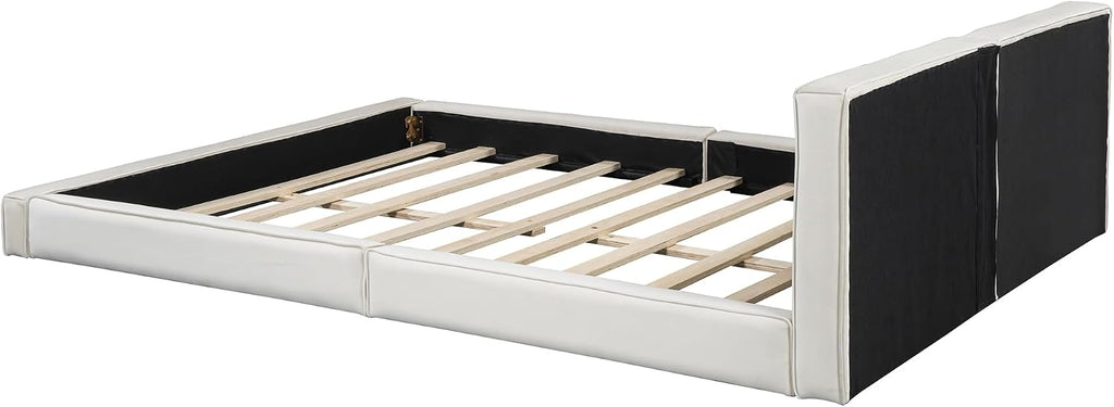 Queen Size Upholstered Platform Bed with Velvet Fabric Headboard, Solid Wood Grounded Bed Frame with Slats Support for Bedroom, Easy Assembly,No Box Spring Needed (Beige-173J)