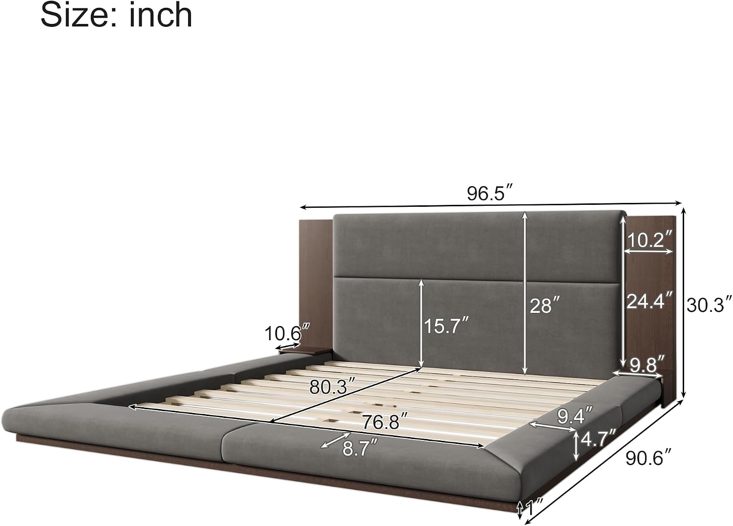 King Size Floor Upholstered Platform Bed with Extended Wood Headboard and Side Storage Shelves, Modern Velvet Platform Bed Frame with Slats Support, No Box Spring Required, Noise-Free