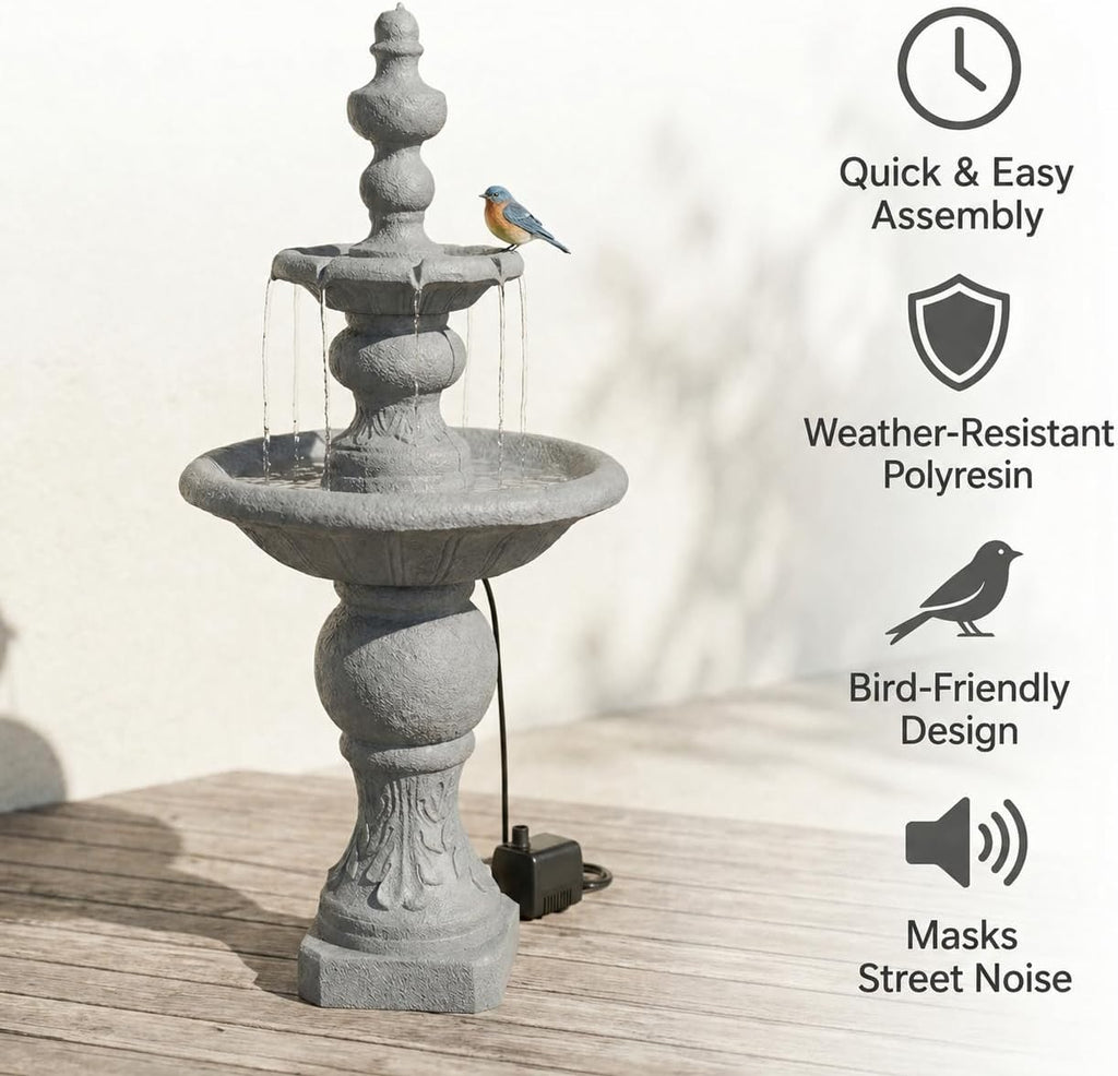 Teamson Home 52.56 in. Outdoor Two-Tier Water Fountain with Realistic ICY Stone Texture for Outdoor Living Spaces Creating a Calming Oasis for Gardens, Landscaping, Patios, Balconies, Lawns, Gray