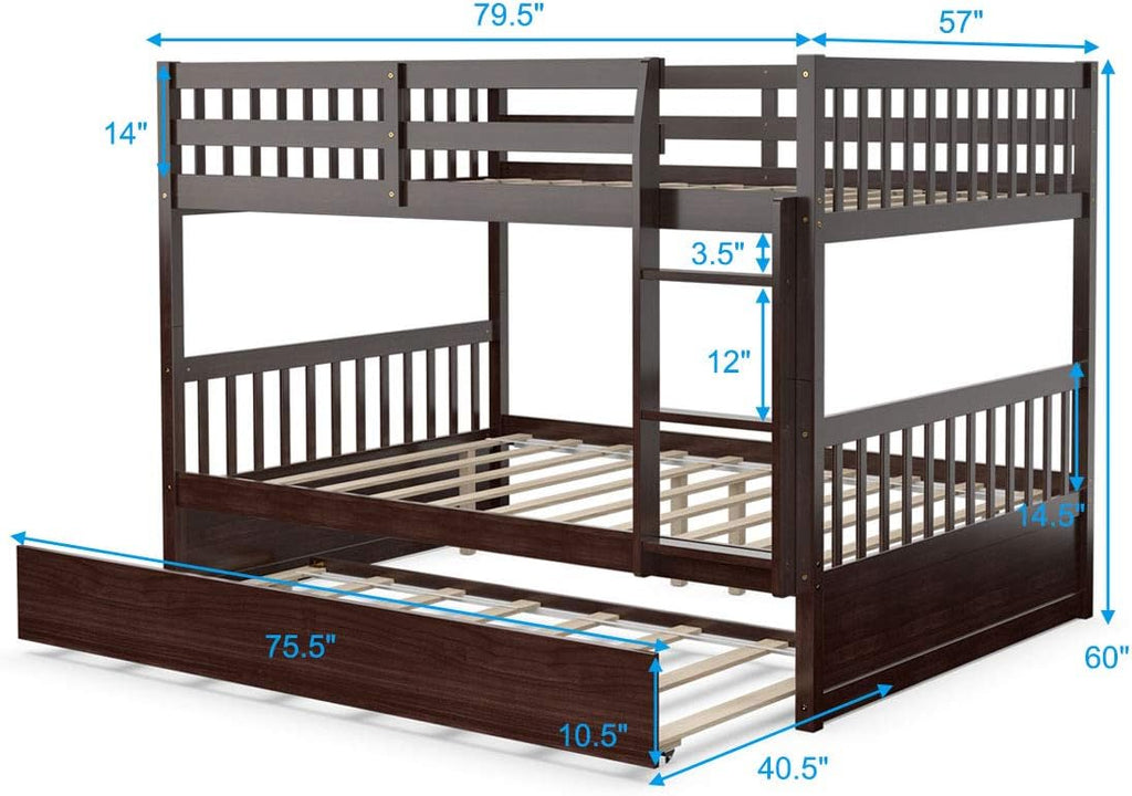 KOMFOTT Wood Full Over Full Bunk Bed with Trundle, Full Bed Frame with Ladder, Solid Wood Frame & Safety Guardrails, Space-Saving Bunk Bed for Teens & Adults, No Box Spring Needed