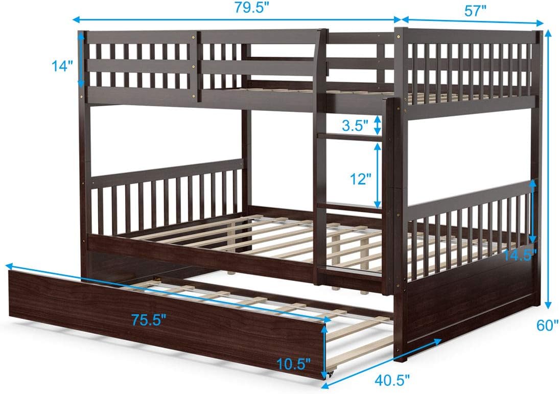 KOMFOTT Wood Full Over Full Bunk Bed with Trundle, Full Bed Frame with Ladder, Solid Wood Frame & Safety Guardrails, Space-Saving Bunk Bed for Teens & Adults, No Box Spring Needed