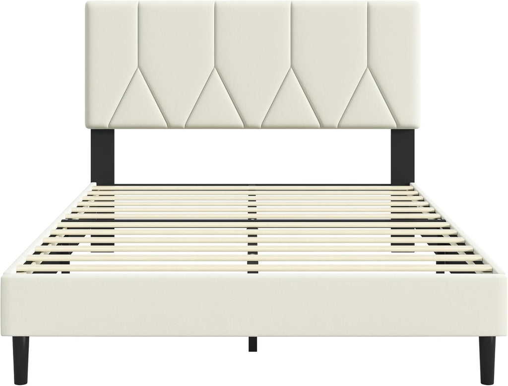 IOILORI Full Size Bed Frame Platform with Velvet Upholstered Headboard, Sturdy Wooden Slats, No Spring Box, No Noise, Easy to Assemble, Bedframe with Strong Wooden Slats, Beige