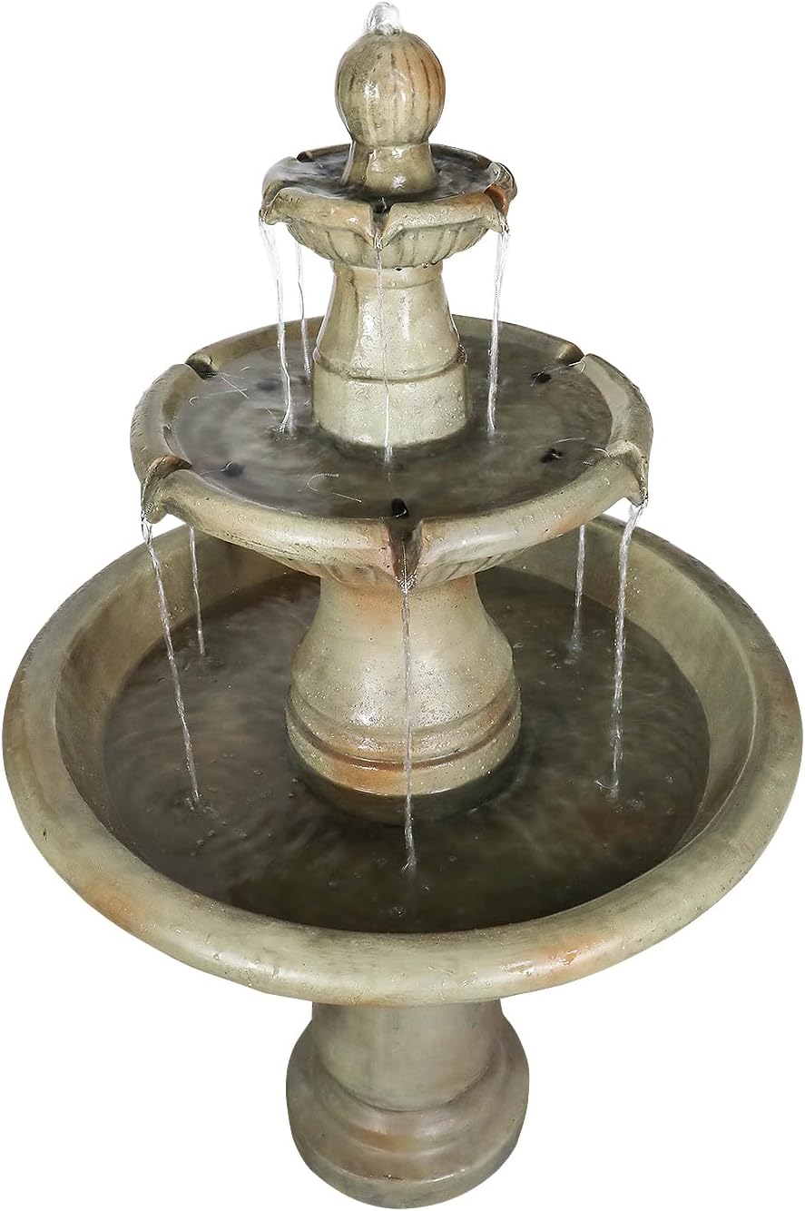 51.5' H Freestanding Outdoor Water Fountain – Stone-Look Weather-Resistant Easy Setup Classic 3-Tier Garden Feature with Electric Pump for Patios, Yards & Courtyards