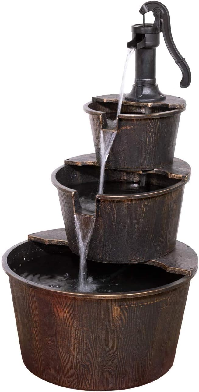 Alpine Corporation 40' Tall Outdoor Floor Tiered Rustic Pump and Barrel Water Fountain, Old-Fashioned Waterfall for Garden, Patio, Yard Decor, Dark Brown