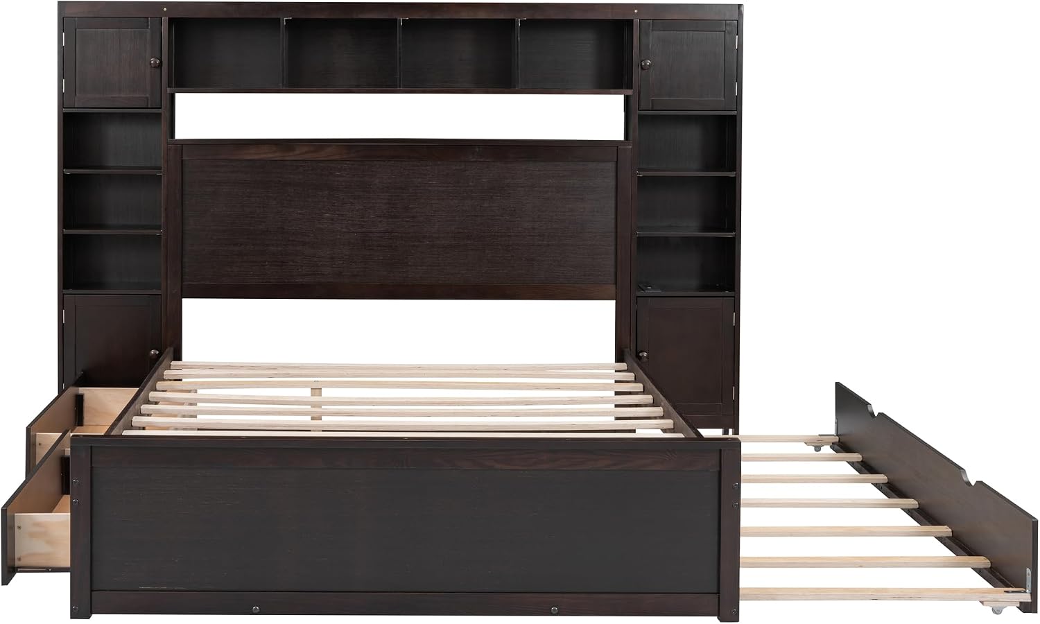 Queen Platform Bed with All-in-One Cabinet, Shelf and Sockets, Wood Queen Beds with 2 Storage Drawers and Trundle, Queen Size Bed Frame for Bed Room, No Box Spring Needed,Espresso