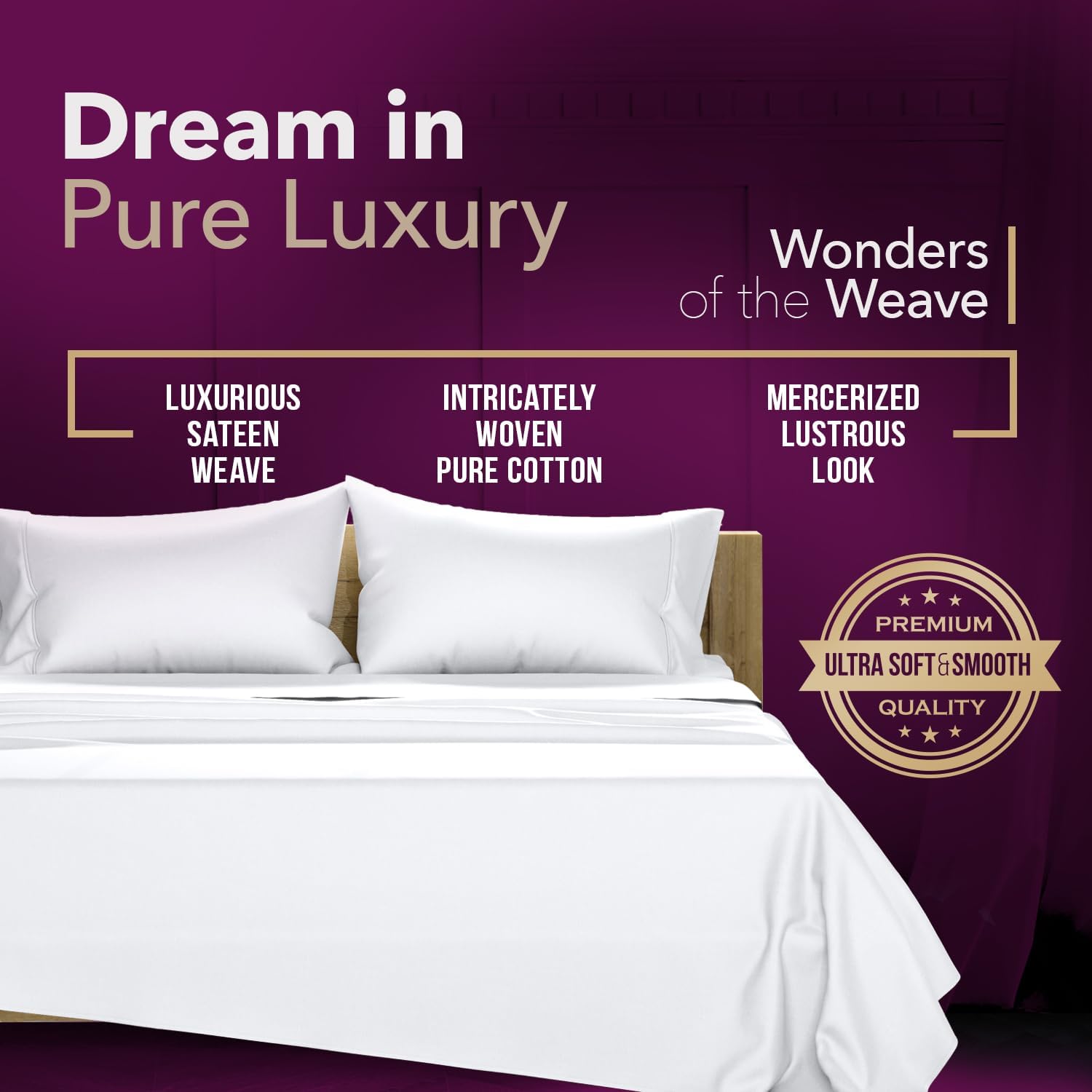 TEXAS LINEN CO. 100% Egyptian Cotton Sheets King Size Set - 1200 Series Star Sleepin' Collection Egyptian Cotton Luxury Sheets King Size (4 PC, White), 17' Deep Pocket, Sateen Hotel Bedding Set