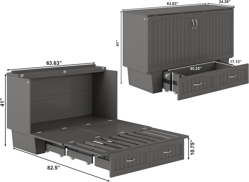 AFI, Nantucket Queen Murphy Bed Chest with Mattress, Storage Drawer and Built-In USB Charger, Grey