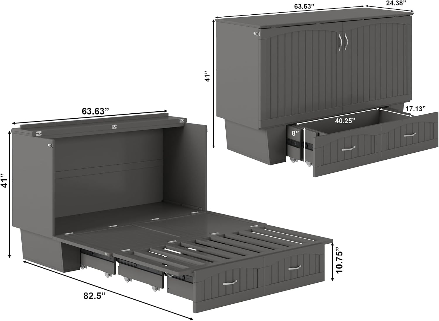 AFI, Nantucket Queen Murphy Bed Chest with Mattress, Storage Drawer and Built-In USB Charger, Grey