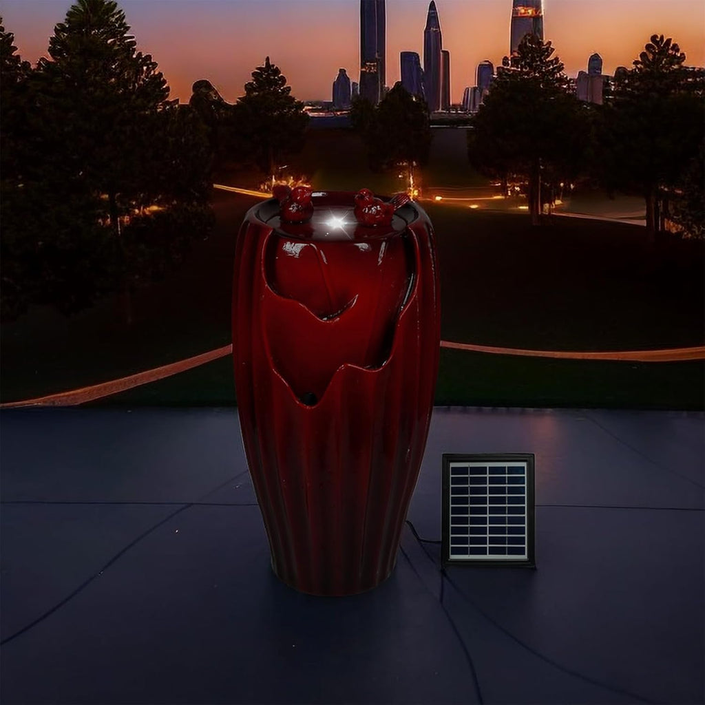 Ferrisland Solar Powered Water Fountain with LED Lights, 20' H Resin Red Vase Outdoor Freestanding Fountain with Pump, Bird Water Fountain & Water Falls for Outside Garden & Backyard Decking Décor