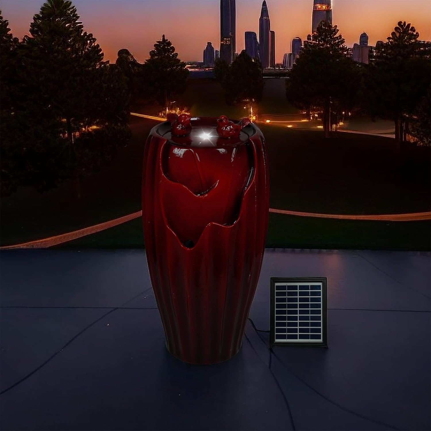 Ferrisland Solar Powered Water Fountain with LED Lights, 20' H Resin Red Vase Outdoor Freestanding Fountain with Pump, Bird Water Fountain & Water Falls for Outside Garden & Backyard Decking Décor