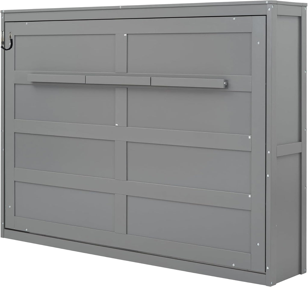 Merax Modern Farmhouse Solid Wood Murphy Cabinet Bed, Queen Foldable Wall Bed Frame, No Box Spring Needed/Space Saving, Gray