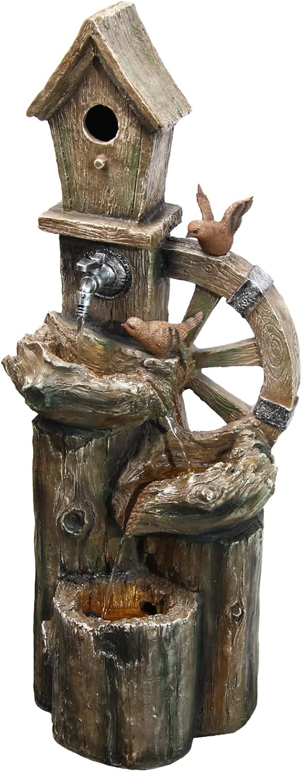 YZM 38.38' H Water Fountain Outdoor Garden 3-Tier Birdhouse Waterfall Fountain with Faucet Tree Trunk Indoor Floor Cascading Water Feature with LED Lights for Patio Yard Home Backyard Decor
