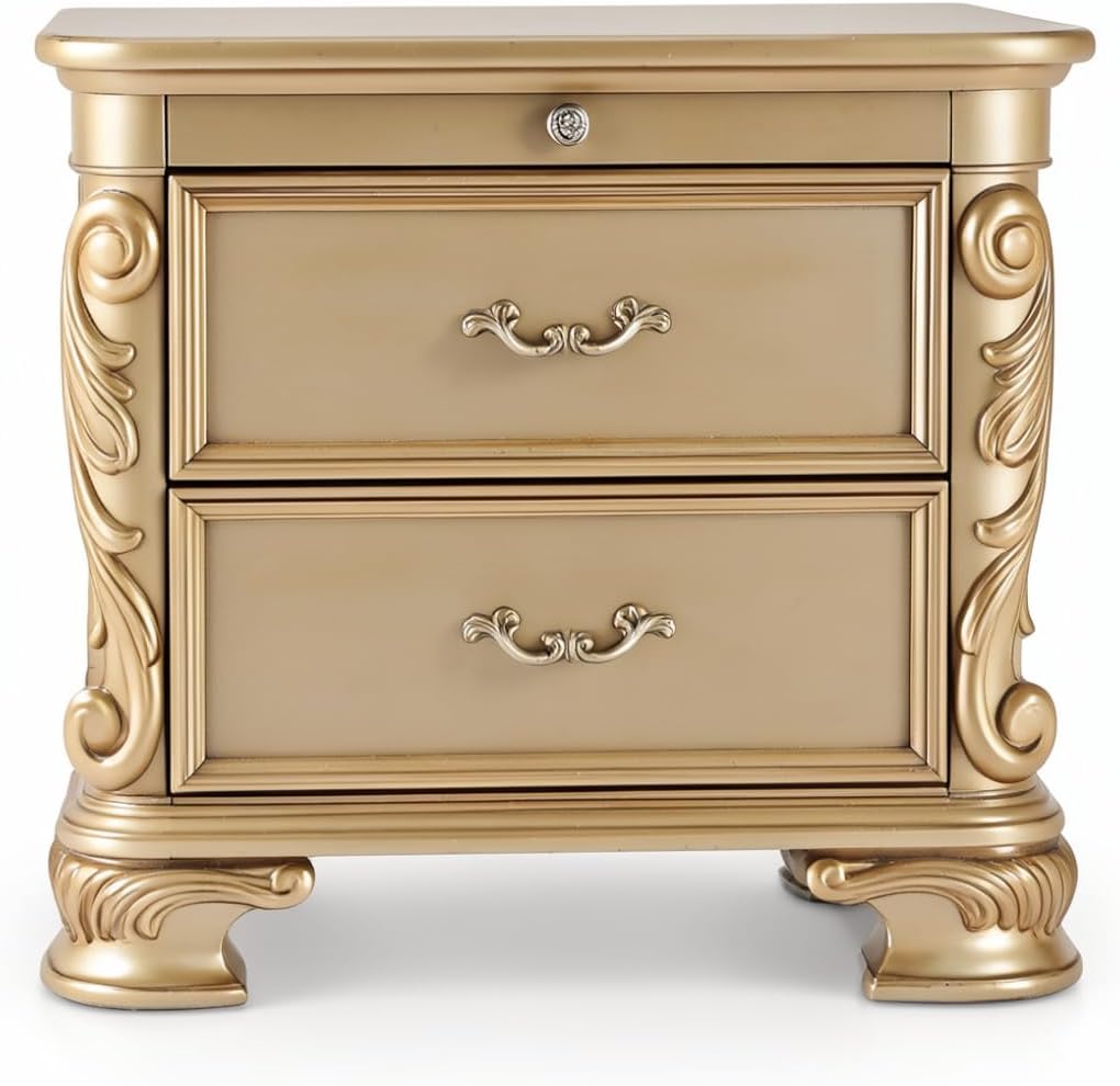 First of a Kind Miranda Gold Finish Traditional Nightstand - High Gloss Style Bedside Table, Upholstered Design, Ornate Carved Wood Accent Furniture for Coordinated Bedroom Interiors