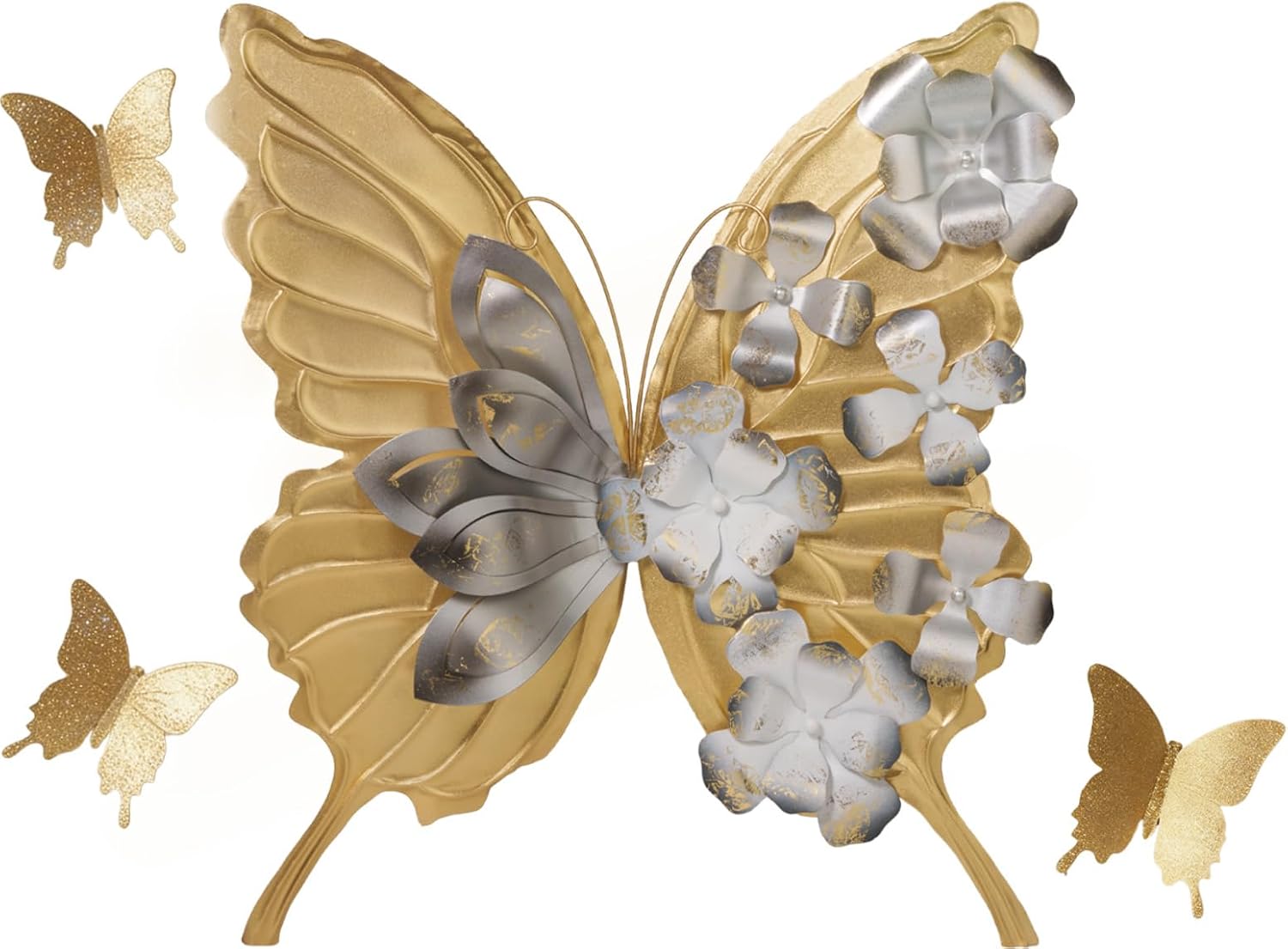 XWYLFDC Large Sized 3D Metal Wall Art Featuring Golden Butterfly With Black And White Gradient Flowers Exudes Luxury And Is Suitable Wall Decor For Living rooms Bedrooms Kitchens And Offices