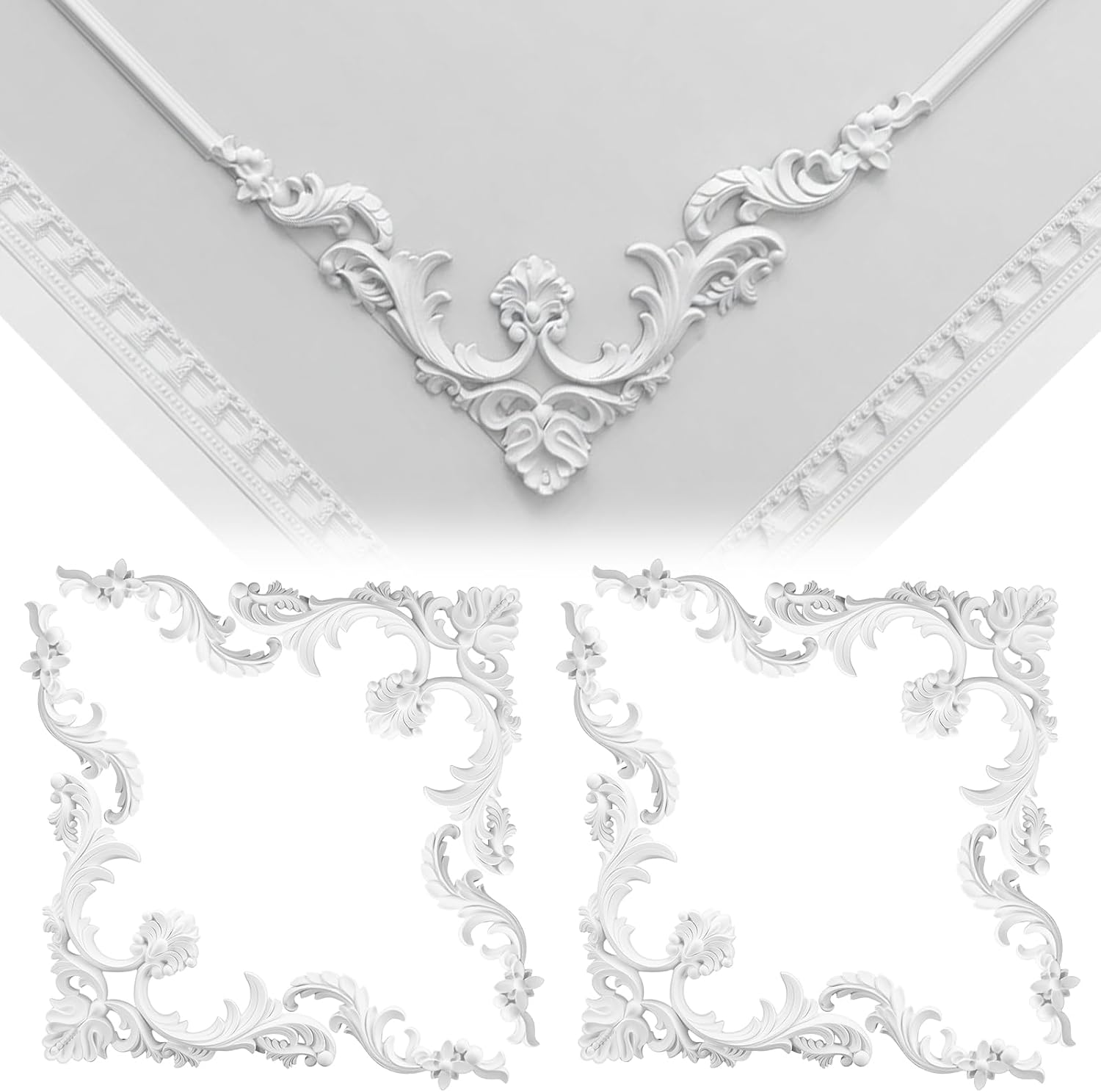 Colingmill 4 Pcs Ceiling Molding Kit Corners Murals Trim French Style Accent Wall Decor for Interior Medallion Ceiling with Flowers Pattern Decorative Panels for Wall (19.7 x 19.7 in,Classic)